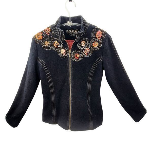 Icelandic Design Boiled Wool Swirl‎ Embroidered Long Sleeve Zip Jacket Coat - Picture 1 of 16